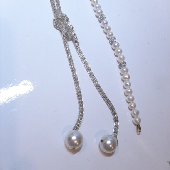 4Pc Set Faux Pearl Silver Chain Jewelry Lariat Knot Necklace Bracelet Tassel - Picture 5 of 13